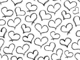 Seamless hearts pattern. Black stroke love symbols in doodle style. Ornament of hand drawn kid hearts elements. Monochrome signs drawn by wax pencil like graffiti on the wall. Vector illustration.