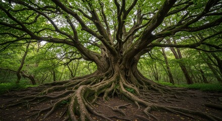 Naklejka premium Majestic ancient tree with sprawling roots in a lush green forest setting