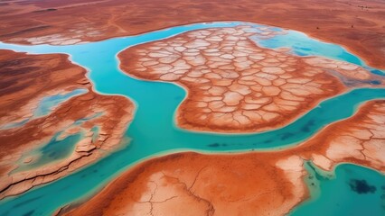 Aerial view of a serene, oval-shaped body of vibrant turquoise water surrounded by sandy shores,