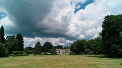 Fototapeta premium Scenic Landscape with Large House Surrounded by Lush Greenery and Dramatic Cloudy Sky