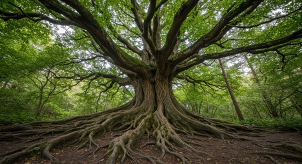 Fototapeta premium Majestic tree with sprawling roots in lush forest setting, showcasing nature's beauty