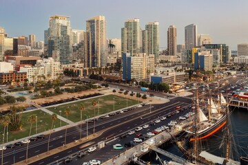 An aerial view of the Maritime Museum of San Diego, California, USA, featuring historic ships along...