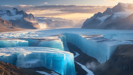 Glacial Majesty: Witness the raw power and ethereal beauty of a vast glacial landscape, where towering ice formations meet rugged mountains under a dramatic, atmospheric sky.