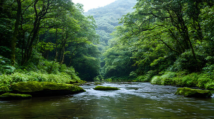 Naklejka premium Lush Green Tropical Forest Landscape With Flowing River and Dense Vegetation under Daylight