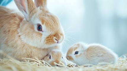 Obraz premium Mother Rabbit and Newborns in Nesting Box with Pale Light and Minimalist Style