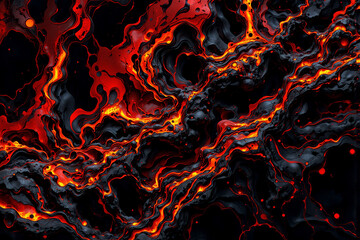 Abstract background with dynamic swirls of vibrant red and orange hues flowing across a dark backdrop, resembling fiery lava or molten magma.