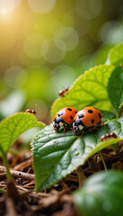 Fototapeta premium Vibrant ladybugs resting on green leaf, nature's beauty