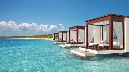 Luxurious Beachside Cabanas Over Crystal Clear Water Under Bright Blue Sky