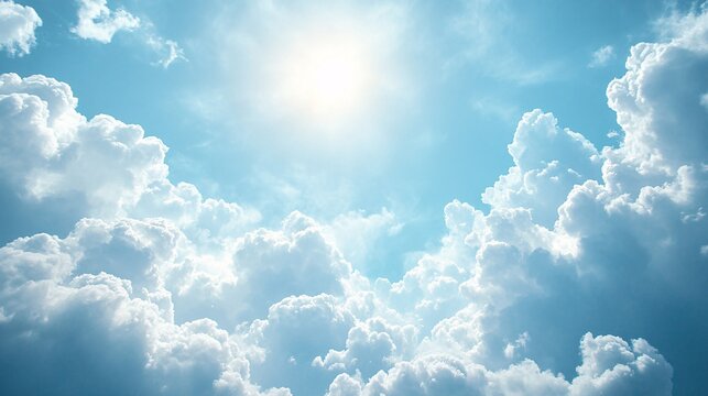 Bright sun shines in a vibrant blue sky surrounded by clouds