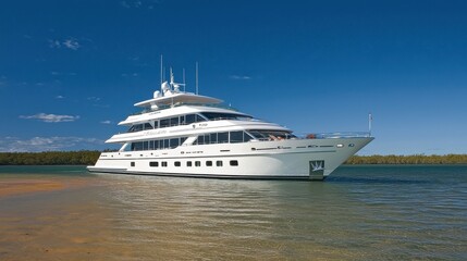 Luxurious Yacht Anchored Off a Beautiful Tropical Coastline Under Clear Blue Sky