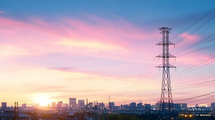 Sunset Cityscape with Power Lines and Silhouette Buildings