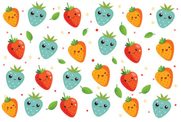 A seamless pattern of smiling fruit strawberries, on a  white background.  perfect for toddler clothing