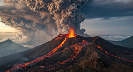 Fototapeta premium Erupting Volcano Spewing Lava and Ash with Dramatic Sky and Clouds