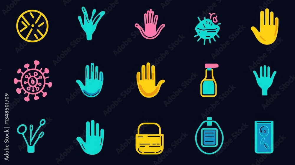 Poster a colorful and informative set of covid-related icons for use in awareness campaigns, including hand