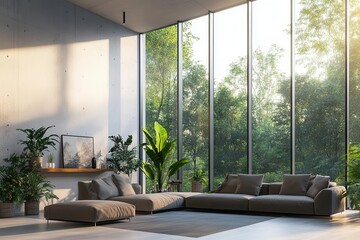 cozy modern loft living space with natural light streaming through floortoceiling windows featuring minimalist furniture indoor plants and artistic wall decor