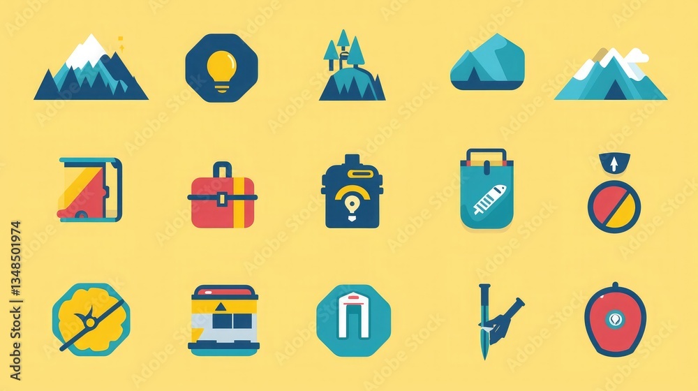 Poster a colorful and vibrant travel icon set with icons for activities like hiking, sightseeing, and explo