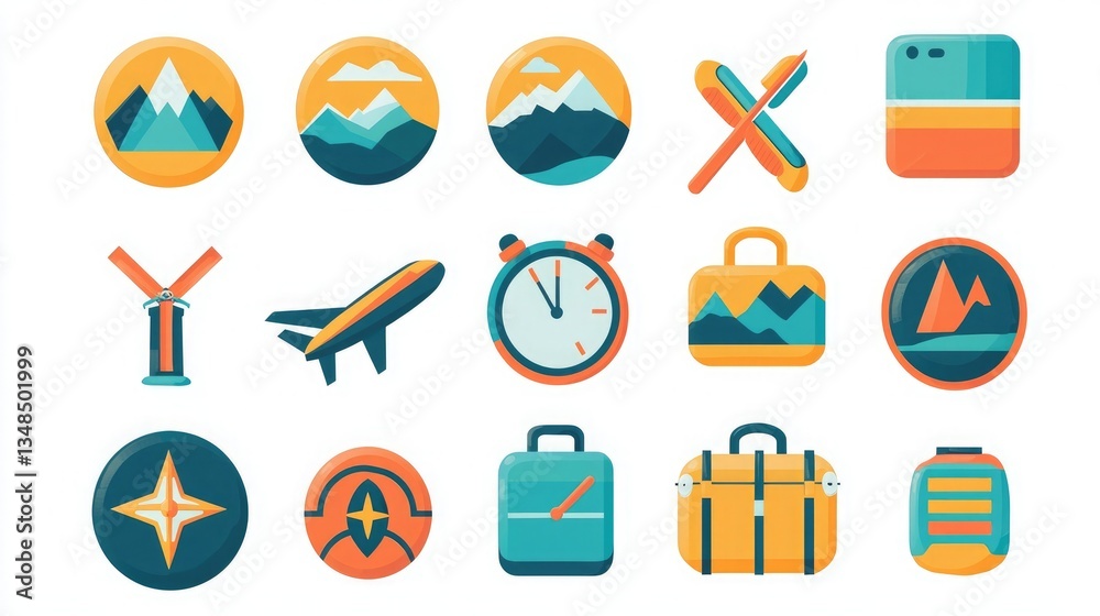 Poster a colorful and vibrant travel icon set with icons for activities like hiking, sightseeing, and explo
