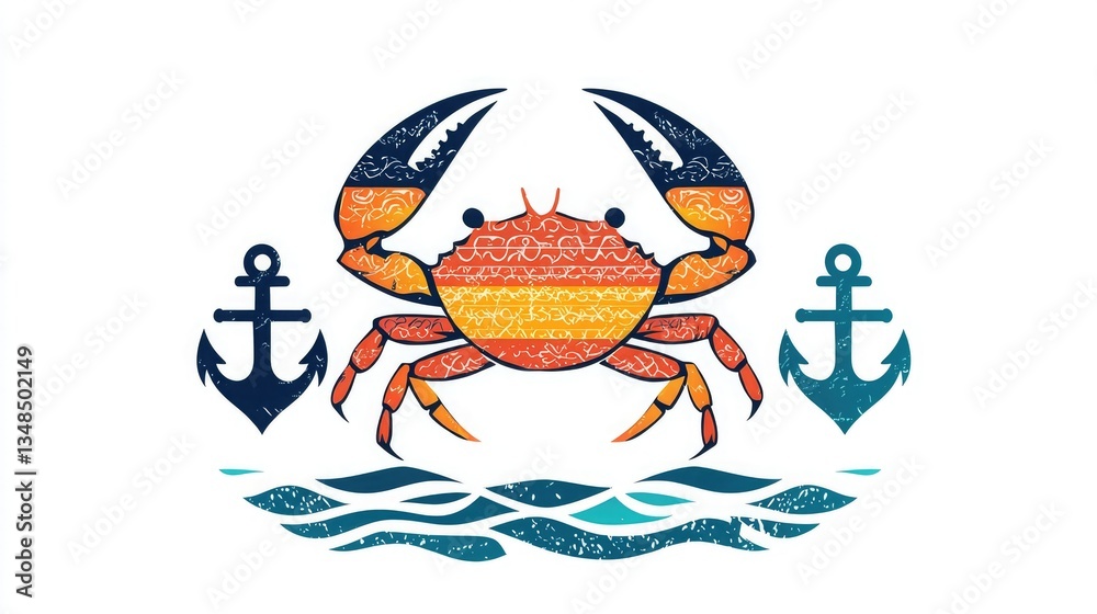 Poster A colorful vector crab icon with a nautical theme, featuring anchors and waves. 
