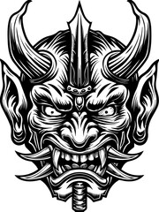 Fototapeta premium Ghost samurai and demons in SVG vector format. Intricate Monochrome Illustration of a Fierce Demon Mask Design