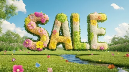 3D Spring Sale Text Adorned with Floral Arrangement in a Blooming Meadow, Used for Banner.