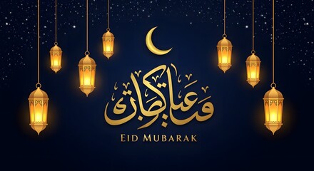 Celebrating Eid Mubarak with Golden Lanterns, Moon and Calligraphy Art