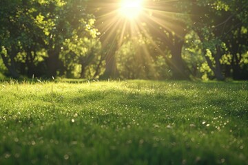 Flawless Image of Sunlit Green Grass Field with Trees and Sunburst Effect
