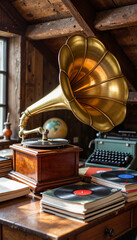 Vintage gramophone in cozy attic with warm light, nostalgic atmosphere