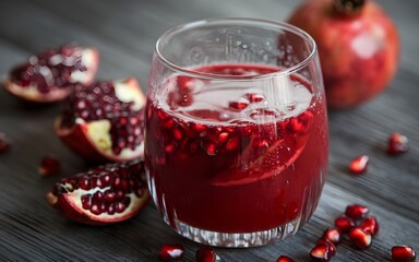Refreshing pomegranate drink with jewel-like arils. A vibrant and healthy beverage option, perfect for a revitalizing treat on a wooden surface.