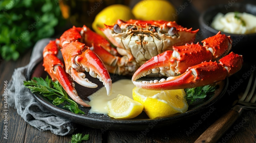 Poster a cracked crab claw served with melted butter and lemon wedges.