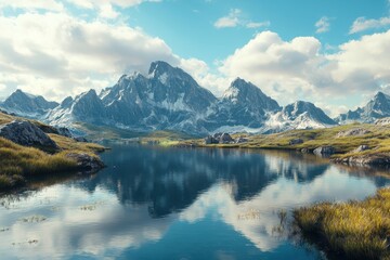 Obraz premium Majestic mountains reflecting in serene lake under a vibrant blue sky