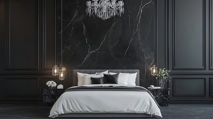Modern bedroom with black walls, marble backdrop, and luxury chandelier. Perfect for real estate