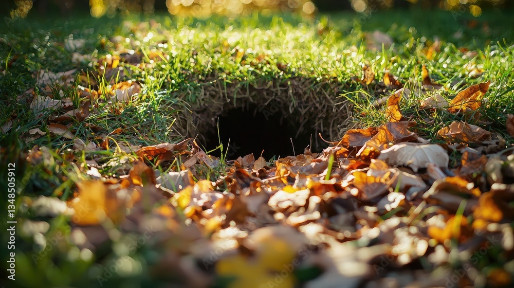 Poster a curious view of a rabbit hole in the ground, surrounded by green grass and fallen leaves.