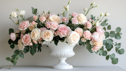 Elegant pink and white rose arrangement in a white urn.