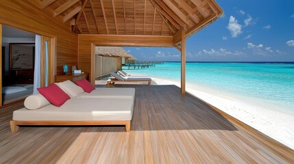 Fototapeta premium Serene Beachside Living Space with Sun Lounger and Ocean View under Clear Blue Sky