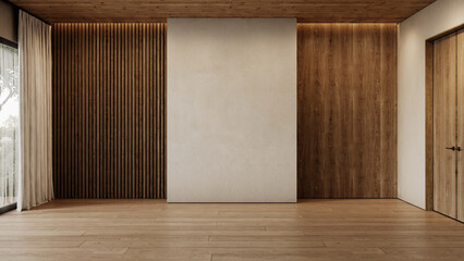 Contemporary loft empty interior with wooden ceiling and wood panels. 3d render illustration mockup.