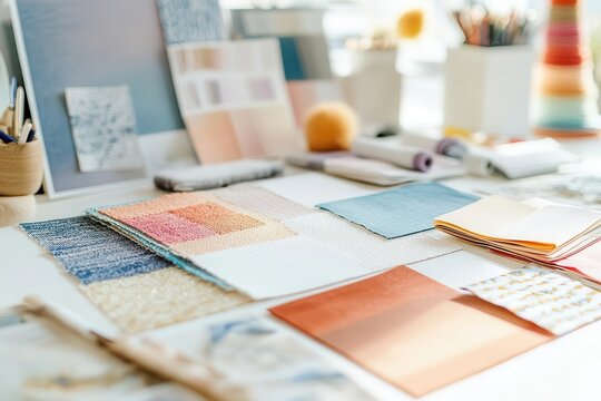 creative workspace featuring artfully arranged color swatches fabric samples and inspiration pieces on white desk soft natural lighting