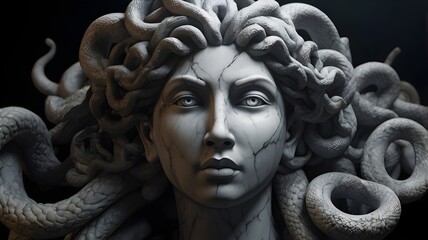A close-up of a marble Medusa head statue, with detailed serpent hair and intense expression, set against a dark and misty background, illuminated by soft moonlight,Generative Ai