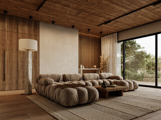 Contemporary loft interior with sofa, wall wood panels, blank wall, floor lamp, console, wood ceiling, carpet and decor. 3d render illustration mockup.