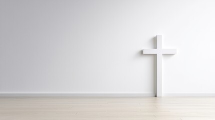 Naklejka premium A simple white wooden cross stands alone against a stark white wall in a minimalist room offe a peaceful and contemplative atmosphere perfect for religious or spiritual themes.