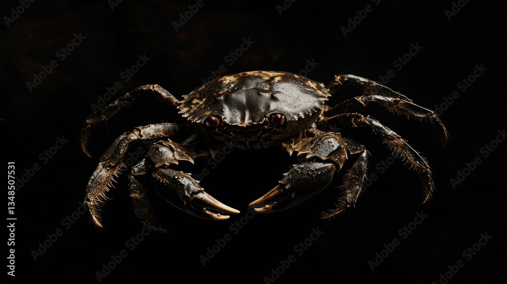 Poster A detailed image of a crab isolated on a black background, showing intricate textures. 