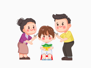 Thai Buddhist Naga Ordination to Shave the head of a monk  cartoon vector. illustration premium.