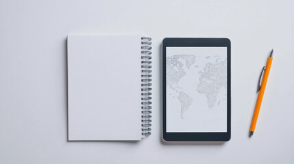 blank notebook and digital tablet displaying world map, accompanied by orange pen, inspire creativity and travel planning