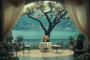Elegant balcony with a blooming tree overlooking a scenic lake and hillside town.