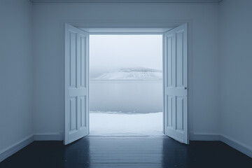 Open white doors leading to a snowy landscape with a calm frozen lake.