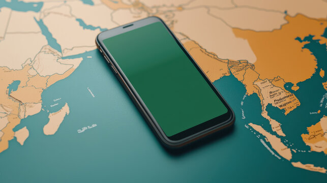 smartphone rests colorful map, symbolizing digital connectivity and exploration. vibrant colors evoke sense of adventure - Powered by Adobe