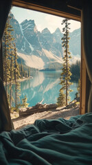Cozy camper van view of a turquoise mountain lake surrounded by forests.