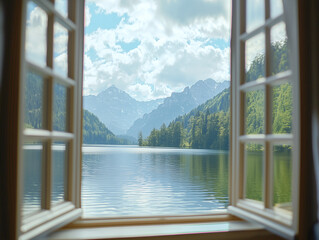 Open window view of a peaceful lake surrounded by mountains and forests.