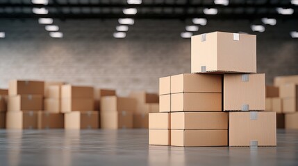A stack of cardboard boxes sits in a large warehouse with many more boxes in the background ready for shipping and distribution.