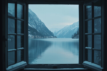 Open window view of a tranquil lake surrounded by snowy mountains in winter.