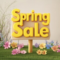3D Yellow Spring Sale Text Signboard in Beautiful Floral Field Background, Used for Poster.
